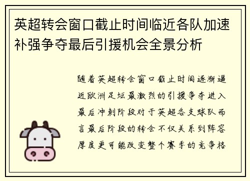 英超转会窗口截止时间临近各队加速补强争夺最后引援机会全景分析